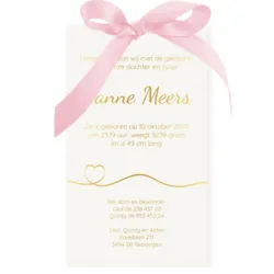Geboortekaart hoesje goud licht roze strik