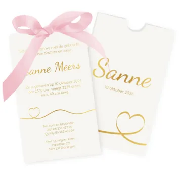 Geboortekaart hoesje goud licht roze strik