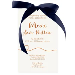 Geboortekaart hoesje oranje donker blauwe strik