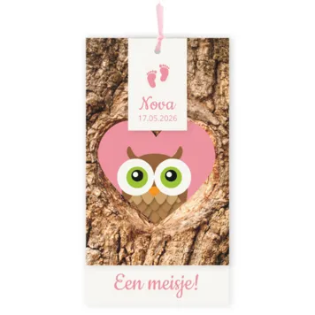 Geboortekaart uil in boom roze