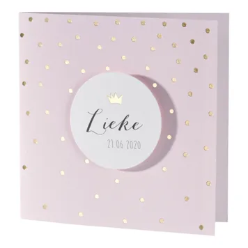 Roze geboortekaart met confetti in goudfolie