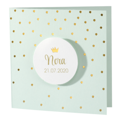Mintgroen geboortekaartje met confetti in goudfolie