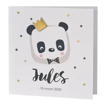 Geboortekaart met panda en gouden kroon