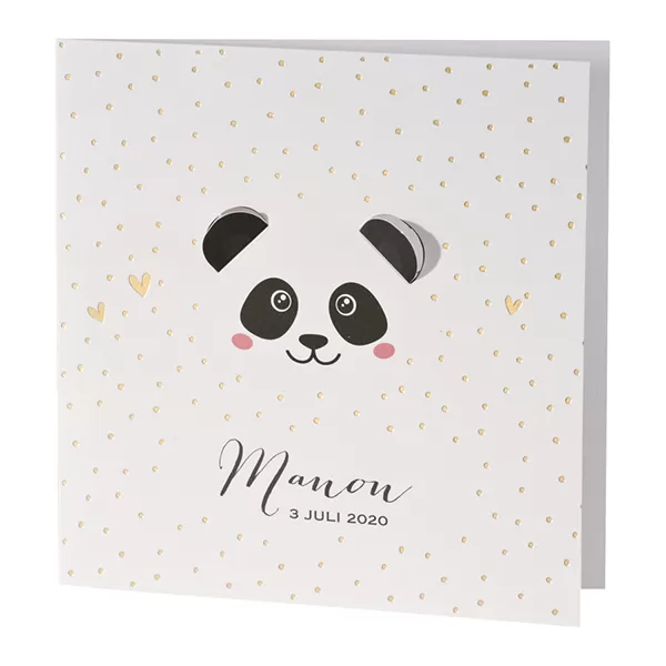 Lief geboortekaartje panda met uitgekapte oortjes