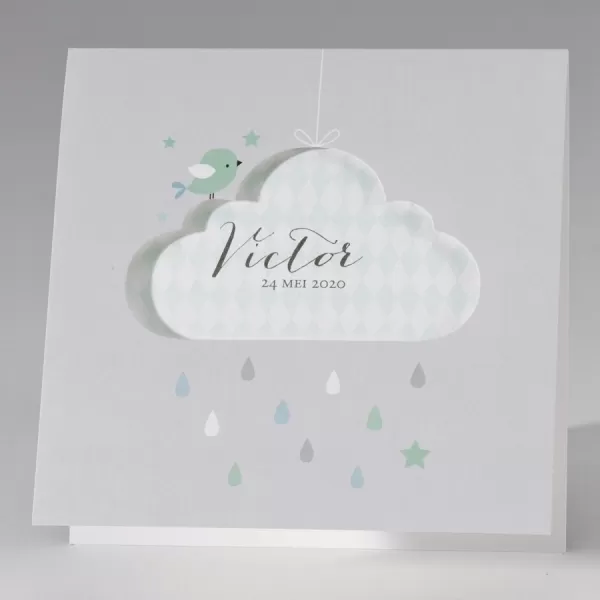 Grijze geboortekaart met mintgroene wolk