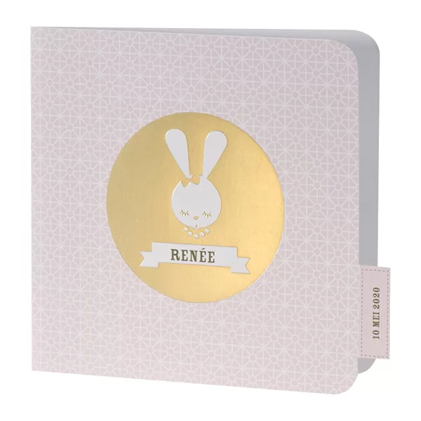 Schattig geboortekaartje retro konijn roze met goudfolie