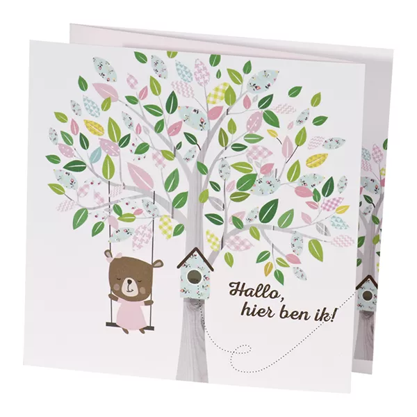 Drieluik schommelende beer aan kleurrijke boom - meisje