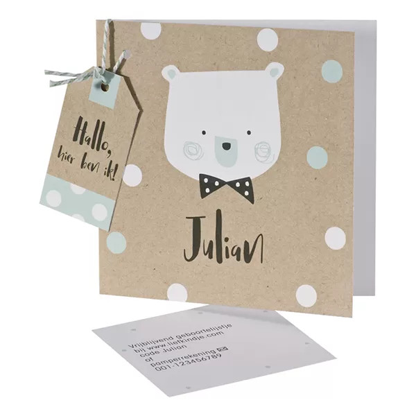 Kraftkaart met beer en confetti wit/mint