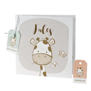 Geboortekaart met beige giraf en gekleurde labels