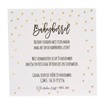 Borrelkaartje wit met gouden confetti