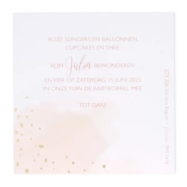 Borrelkaartje roze aquarel met confetti goudfolie