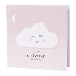 Geboortekaart wolkje met kroon in goudfolie op roze achtergrond