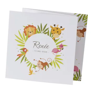 Kleurrijk drieluik geboortekaartje met lieve junglediertjes