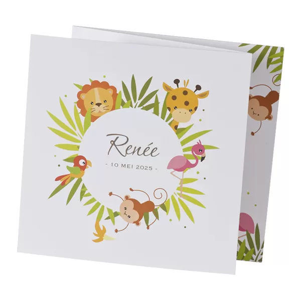 Kleurrijk drieluik geboortekaartje met lieve junglediertjes