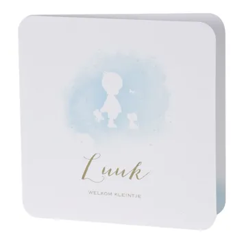 Lief geboortekaartje met silhouet jongen in blauwe aquarel