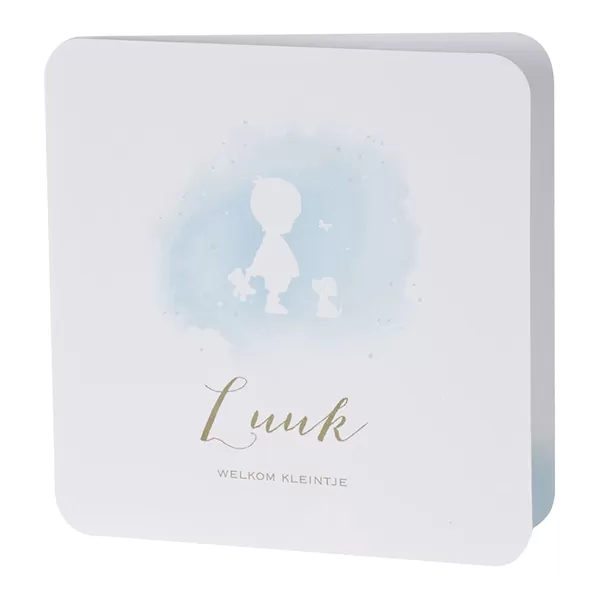 Lief geboortekaartje met silhouet jongen in blauwe aquarel