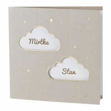 Tweeling geboortekaart sand papier met goudfolie