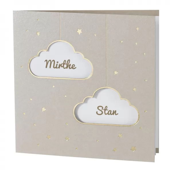 Tweeling geboortekaart sand papier met goudfolie