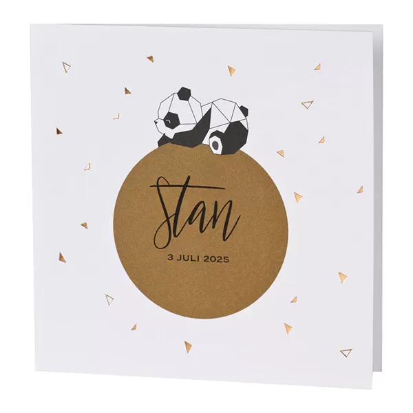 Trendy geboortekaart met geometrische panda en koperfolie