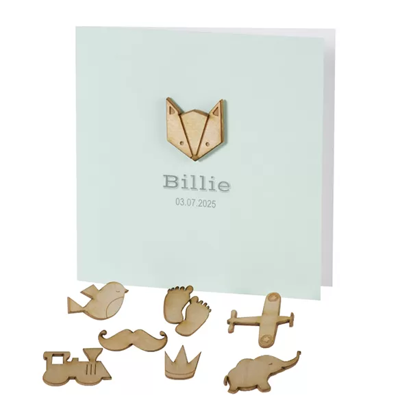 Mint geboortekaart met houten motiefje naar keuze