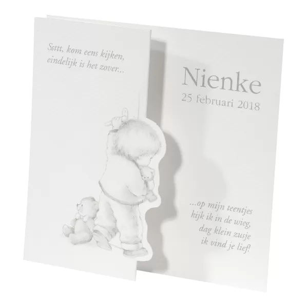 Klassiek getekend drieluik geboortekaartje