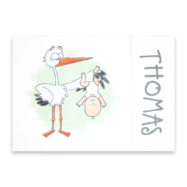 Drieluik geboortekaartje met ooievaar die een baby vasthoudt