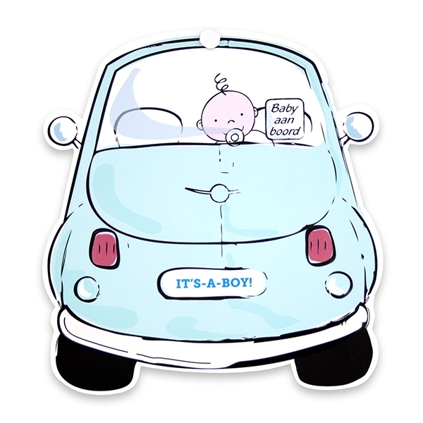 Blauw geboortekaartje in de vorm van een auto met baby