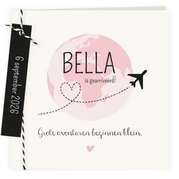 Geboortekaart wereldbol roze