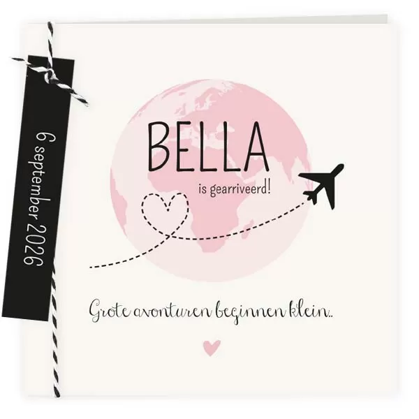Geboortekaart wereldbol roze