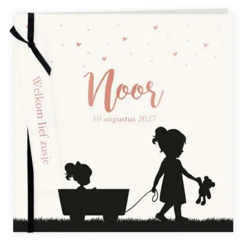 Geboortekaart zusje met zus silhouet met label en foliedruk