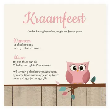 Kraamborrelkaartje meisjes Uil