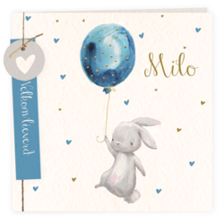Geboortekaartje konijn jongen ballon met label