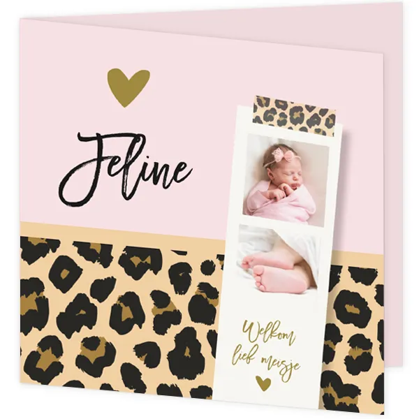 Geboortekaart voor meisje met panterprint en eigen foto's