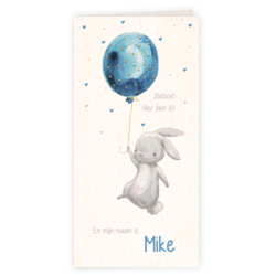 Geboortekaartje Mike, konijntje met blauwe ballon