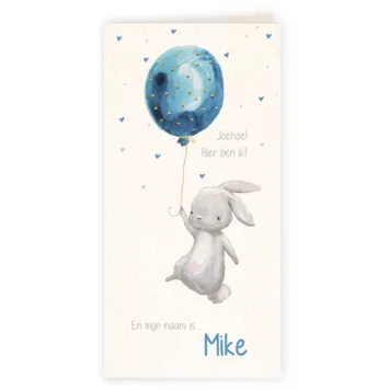 Geboortekaart Mike, konijntje met blauwe ballon
