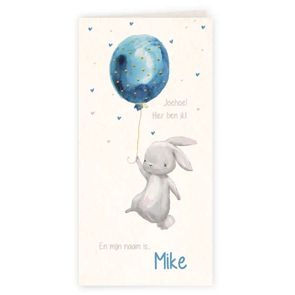 Geboortekaart Mike, konijntje met blauwe ballon