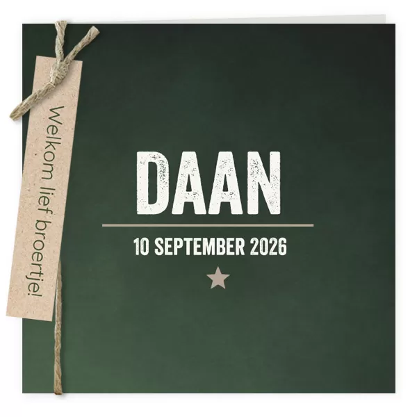 Geboortekaart donkergroen met kraft label