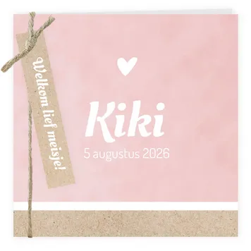 Geboortekaart lichtroze met kraft en labels