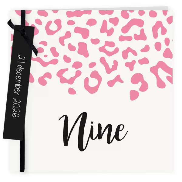 Geboortekaart panterprint roze met labels