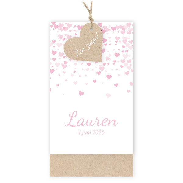 Geboortekaartje label hartjes confetti met kraft