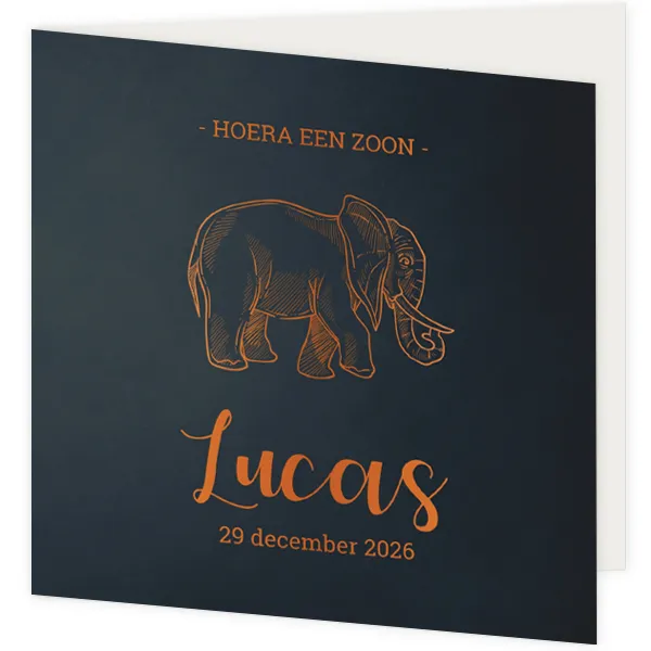 Geboortekaartje donkerblauw met olifant in foliedruk