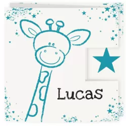 Drieluik geboortekaartje voor een jongen - blauw girafje