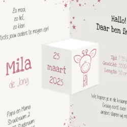 Drieluik geboortekaartje voor een meisje - roze girafje