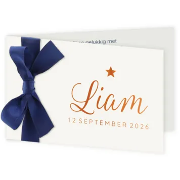 Geboortekaart foliedruk met donkerblauw lint