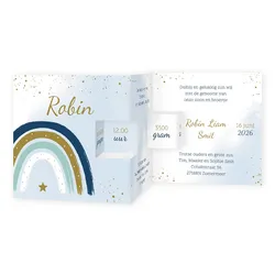 Geboortekaart drieluik met regenboog blauw