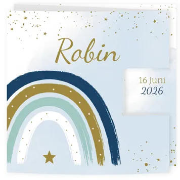 Geboortekaart drieluik met regenboog blauw