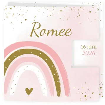 Geboortekaart drieluik met regenboog roze