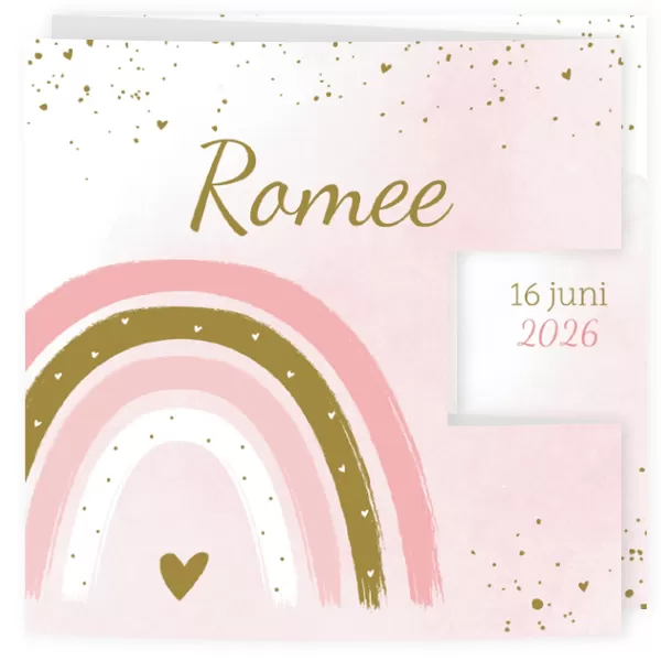 Geboortekaart drieluik met regenboog roze