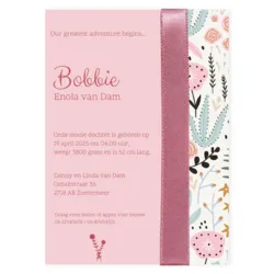 Geboortekaart enkel bloemen en blaadjes met foliedruk