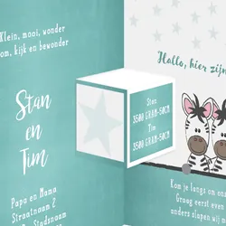 Geboortekaart drieluik zebra jongen tweeling